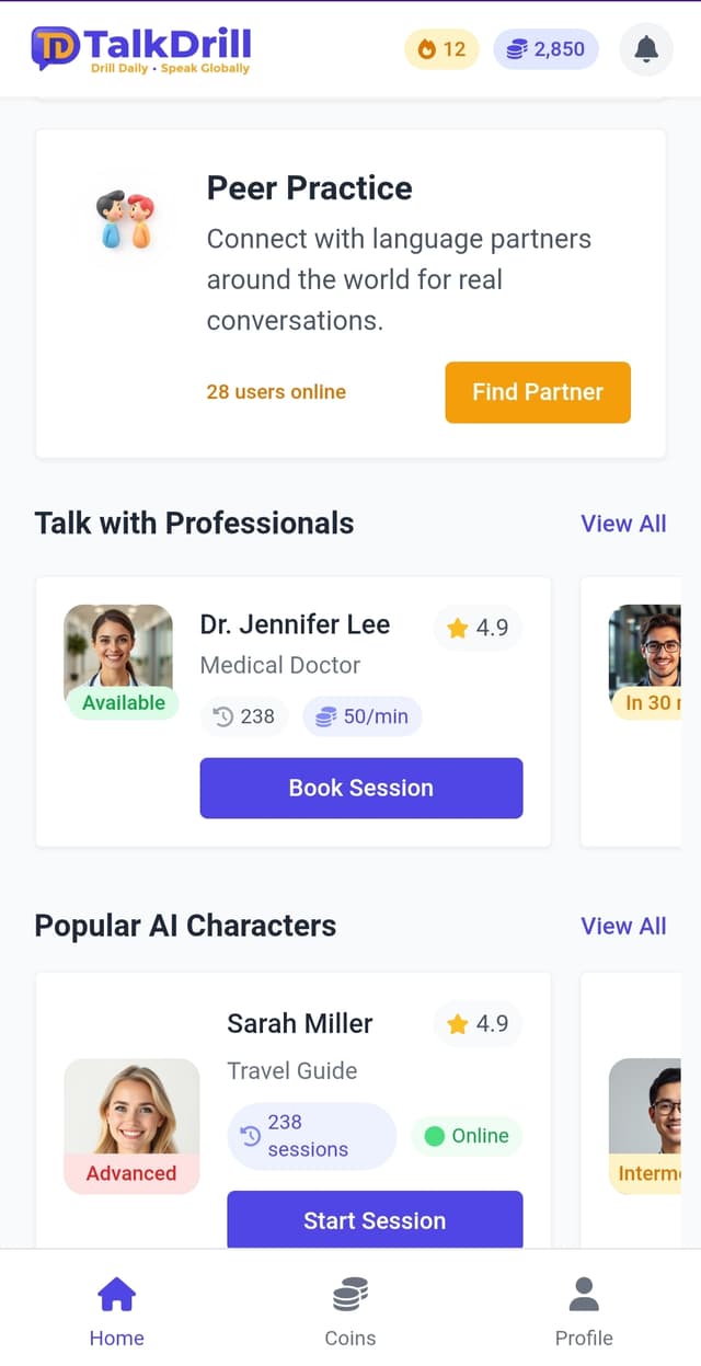 TalkDrill Home Features