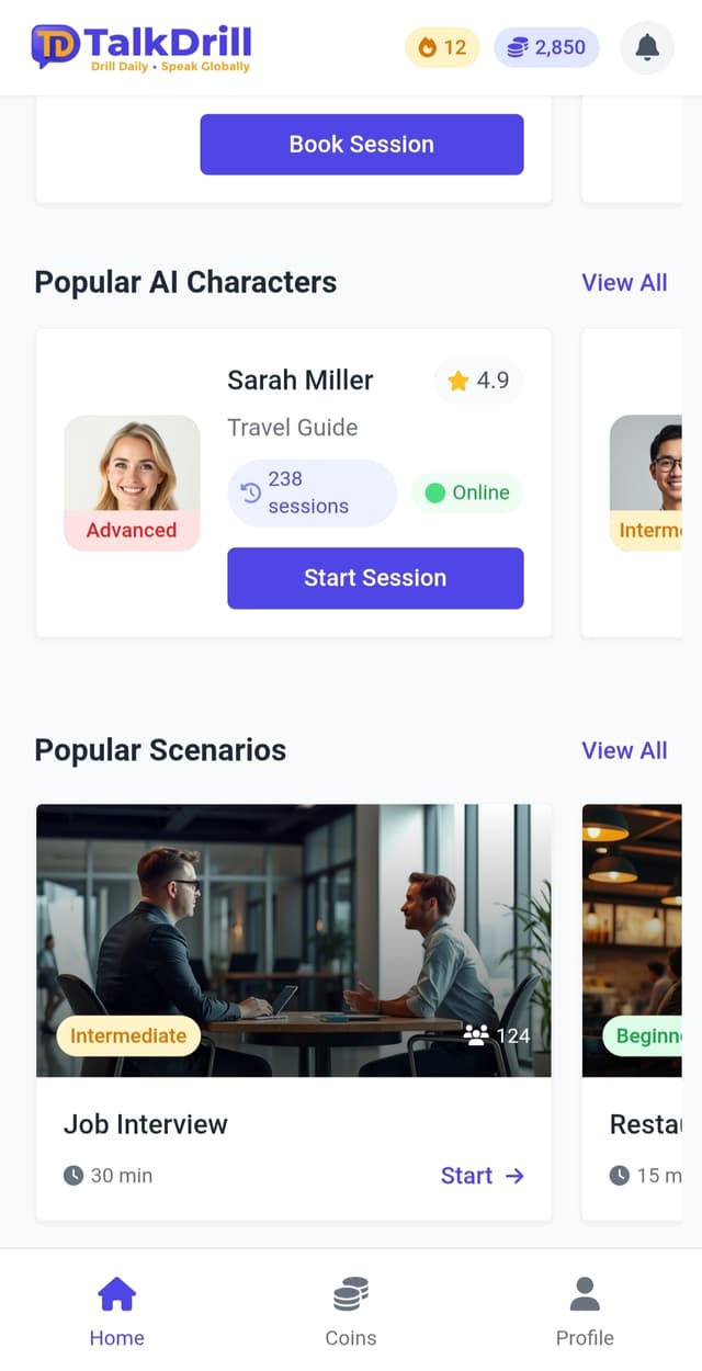TalkDrill Home Navigation