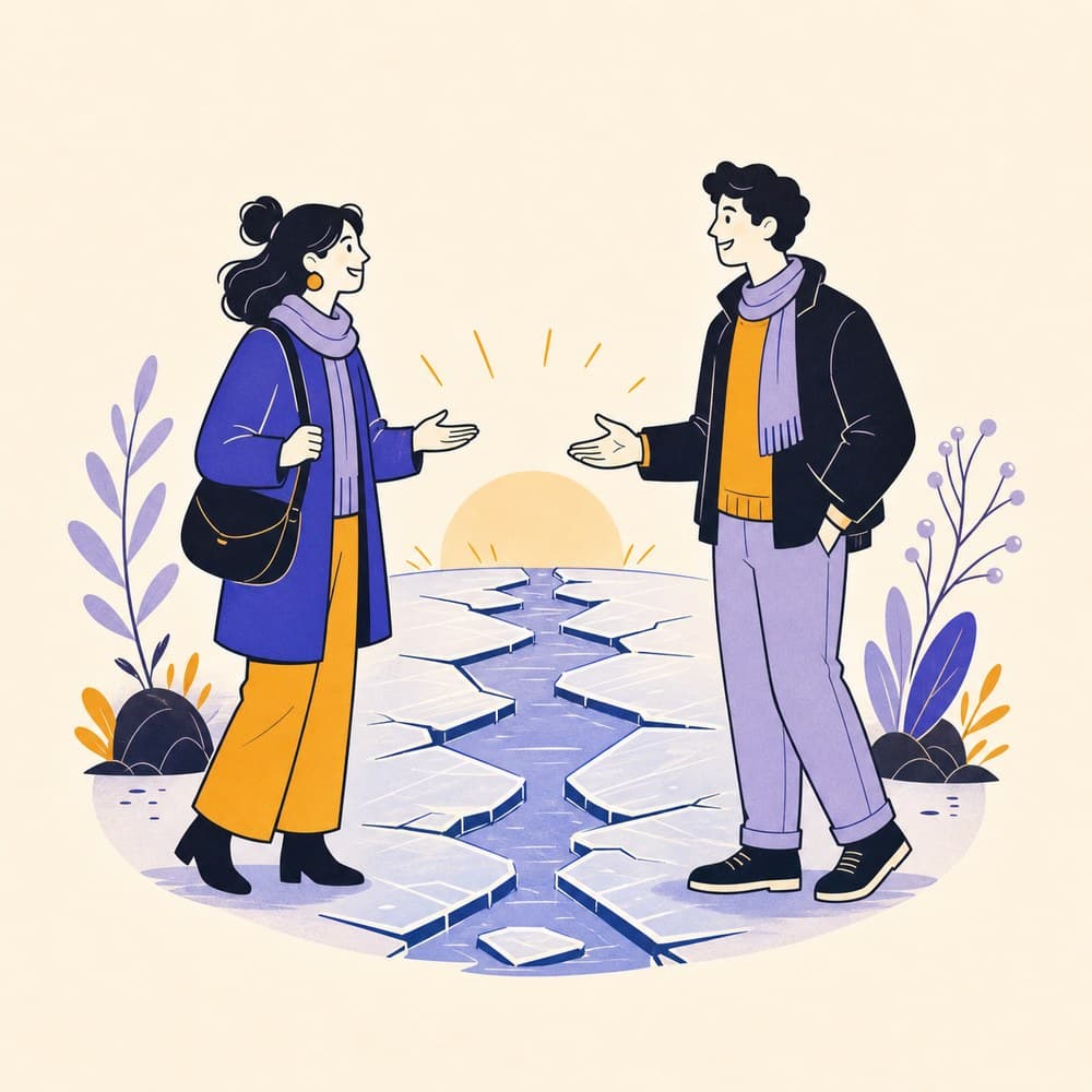 Two strangers beginning a friendly conversation across a stylised cracked sheet of ice.
