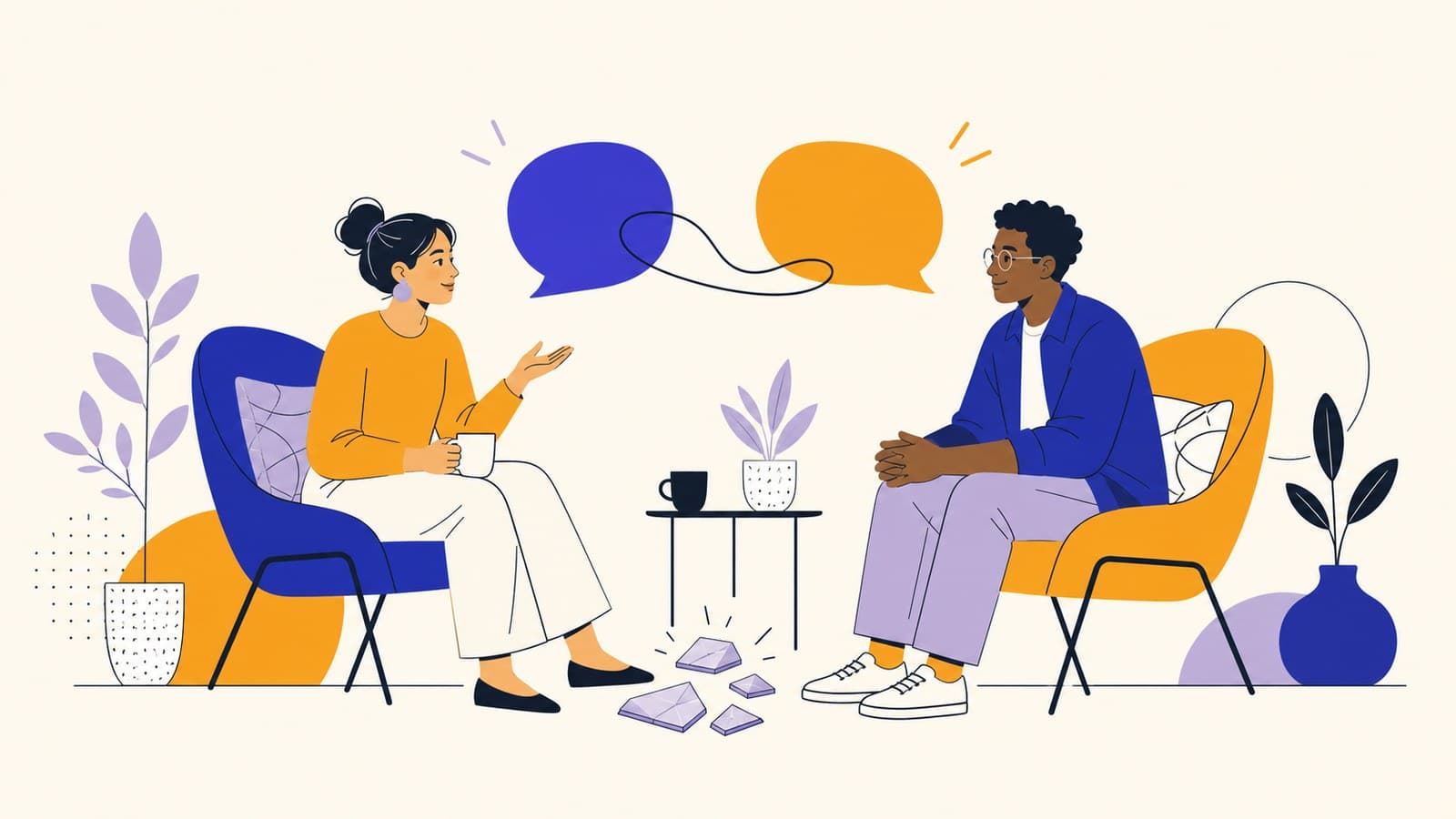 Two adult learners having a relaxed conversation as abstract speech shapes connect above them.