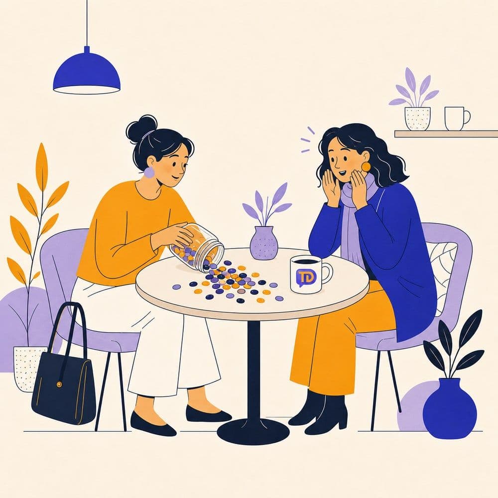 Two friends sharing a secret at a cafe as beans spill across the table beside a TalkDrill mug.