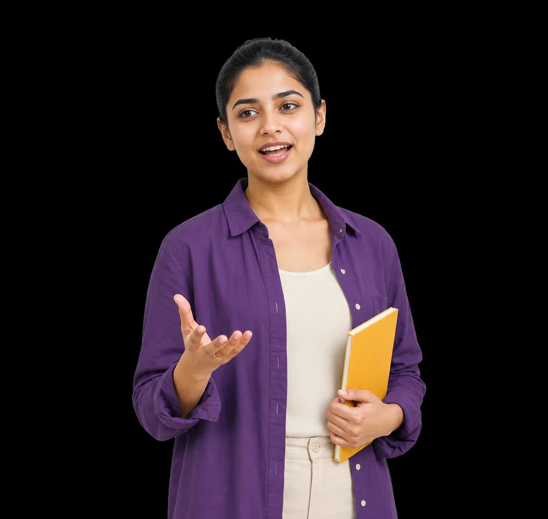 A young Indian woman in a purple shirt presenting, holding a folder