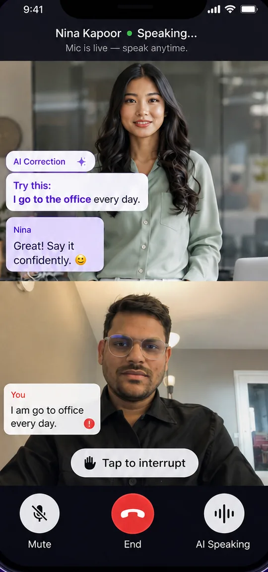 TalkDrill AI video call. The learner says "I am go to office every day" and an AI Correction card suggests "I go to the office every day".