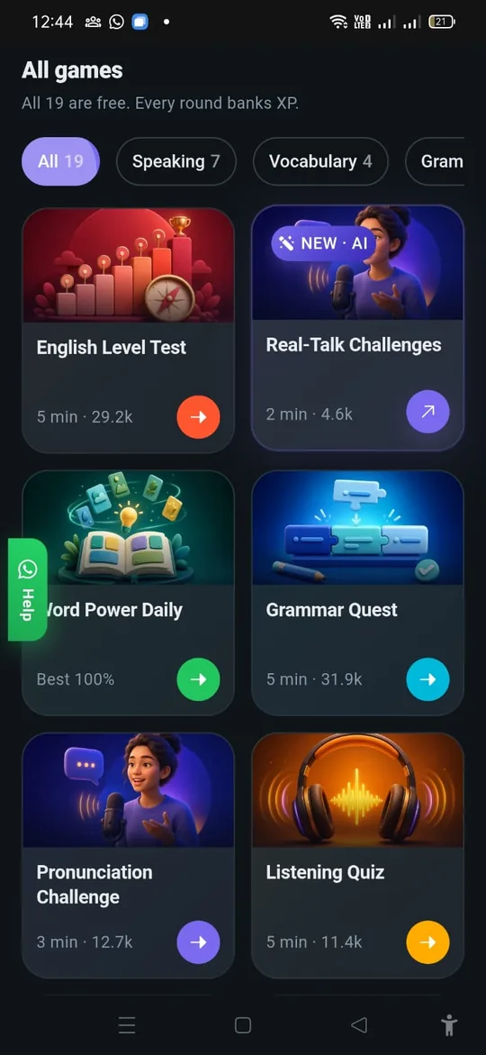 TalkDrill games screen: all 21 games are free and every round banks XP — English Level Test, Real-Talk Challenges, Word Power Daily, Grammar Quest, Pronunciation Challenge, Listening Quiz.