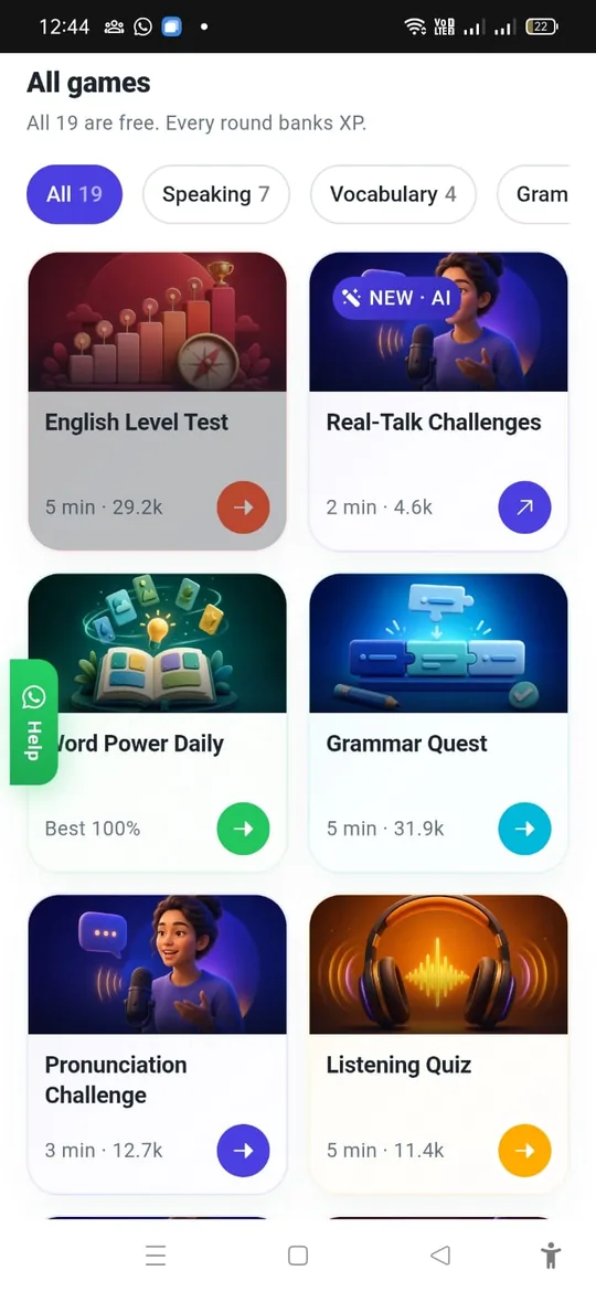 TalkDrill games screen: all 21 games are free and every round banks XP — English Level Test, Real-Talk Challenges, Word Power Daily, Grammar Quest, Pronunciation Challenge, Listening Quiz.
