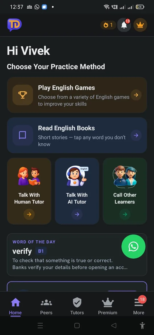 TalkDrill Android app home screen: Play English Games, Read English Books, Talk With Human Tutor, Talk With AI Tutor, Call Other Learners, and the Word of the Day.