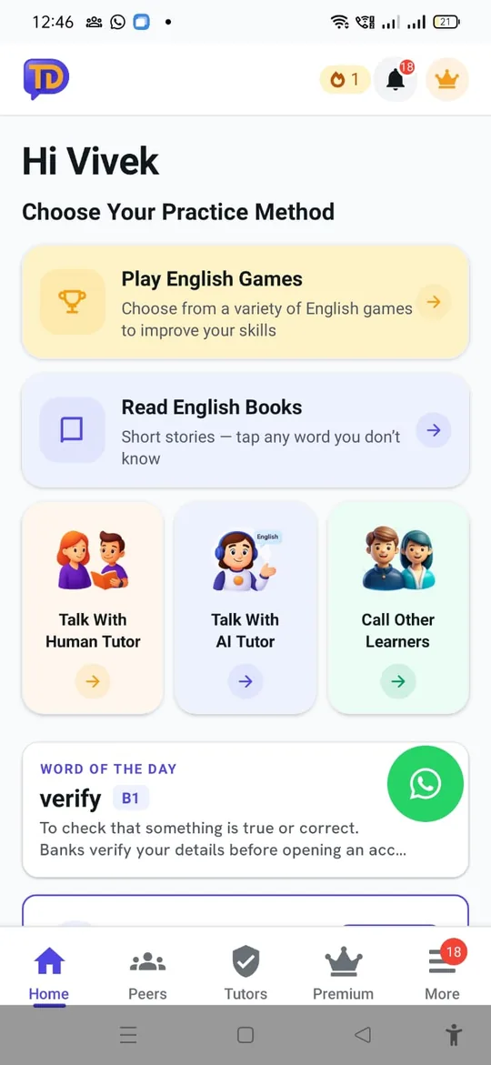 TalkDrill Android app home screen: Play English Games, Read English Books, Talk With Human Tutor, Talk With AI Tutor, Call Other Learners, and the Word of the Day.