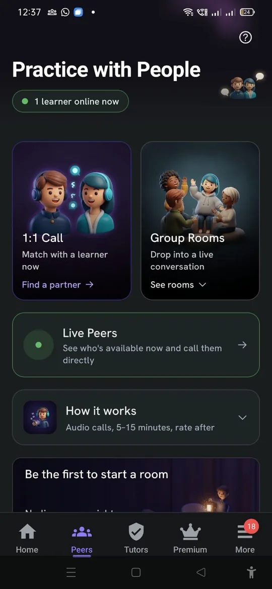 TalkDrill "Practice with People" screen: 1:1 call, group rooms, live peers who are online now, and how it works — audio calls, 5 to 15 minutes, rate after.