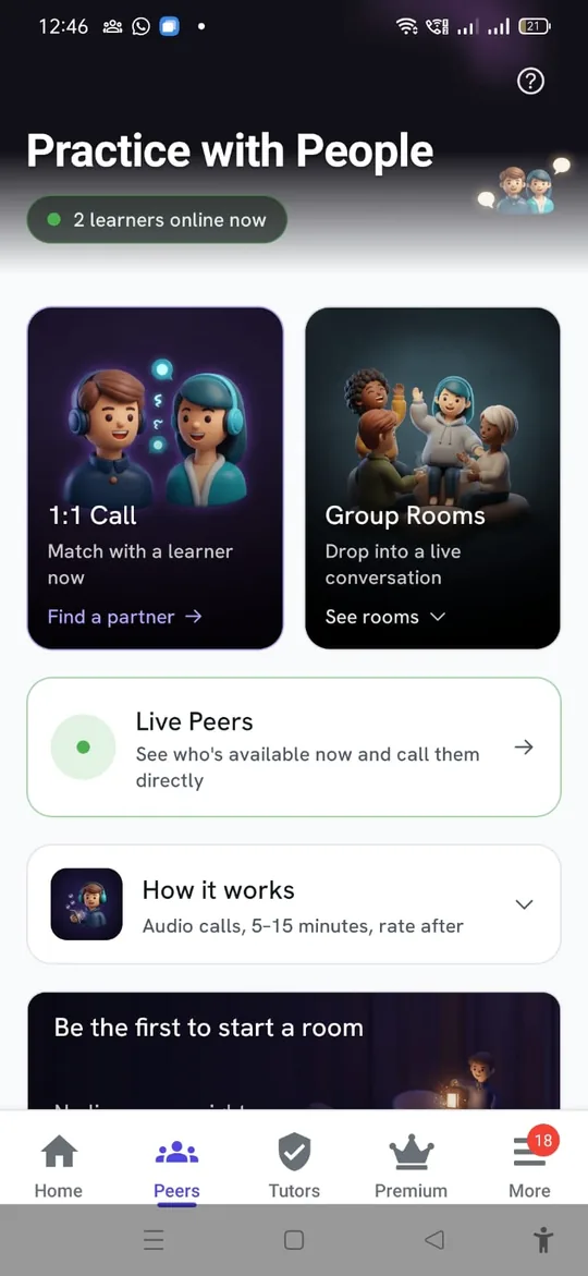 TalkDrill "Practice with People" screen: 1:1 call, group rooms, live peers who are online now, and how it works — audio calls, 5 to 15 minutes, rate after.