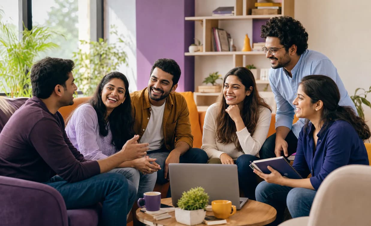 Indian English learners sharing a conversation around a laptop