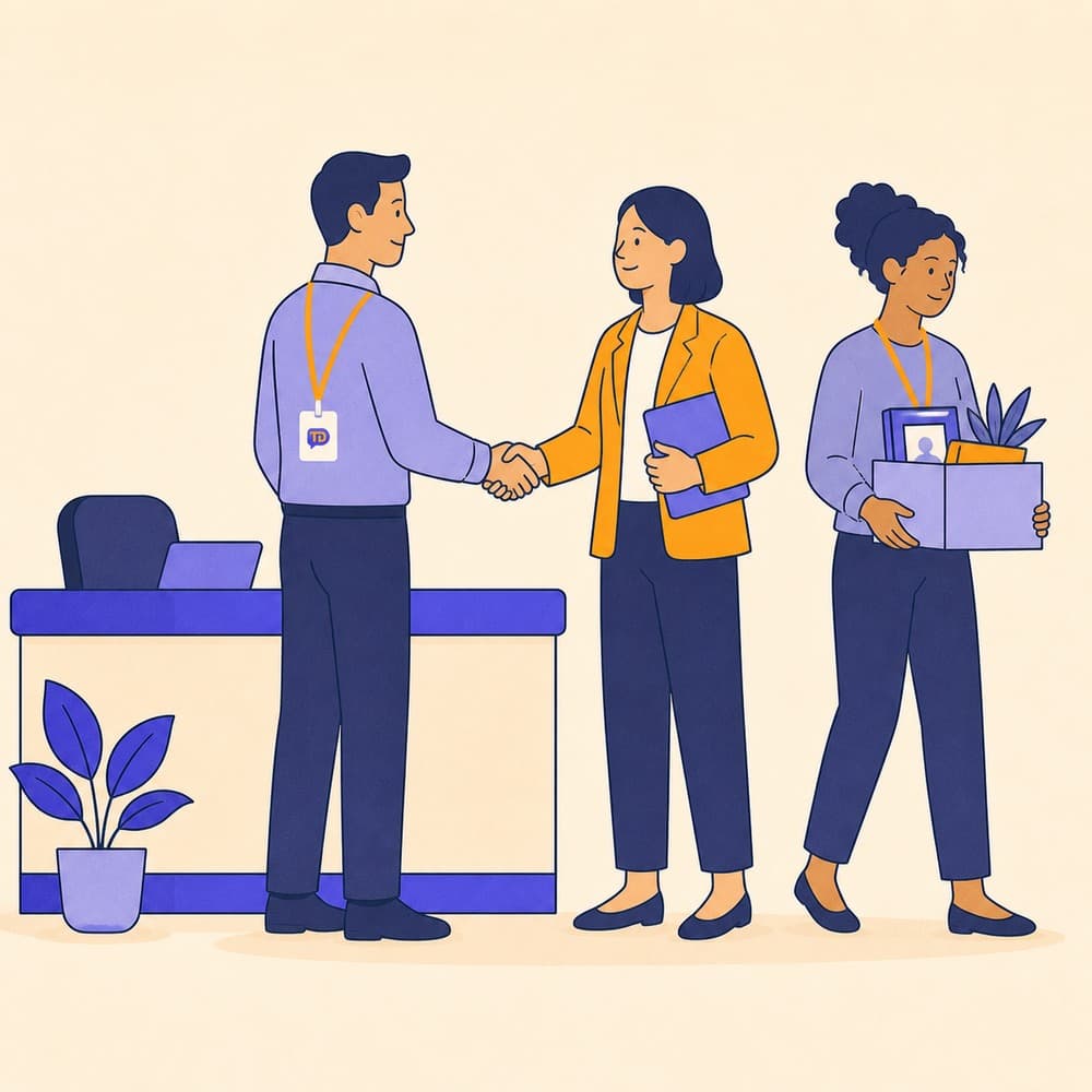 Flat illustration of a new employee being welcomed at an office reception desk