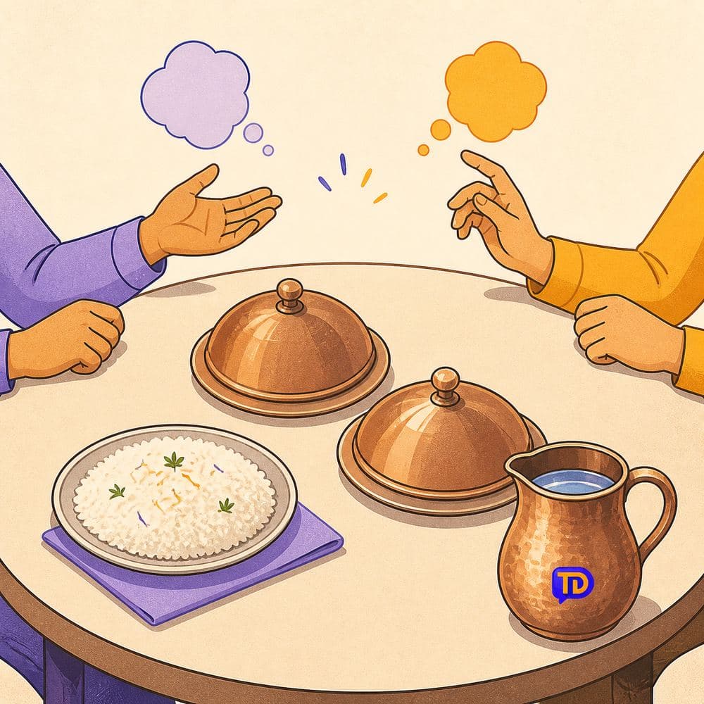 Flat illustration of two people at a restaurant table deciding what to order from covered dishes