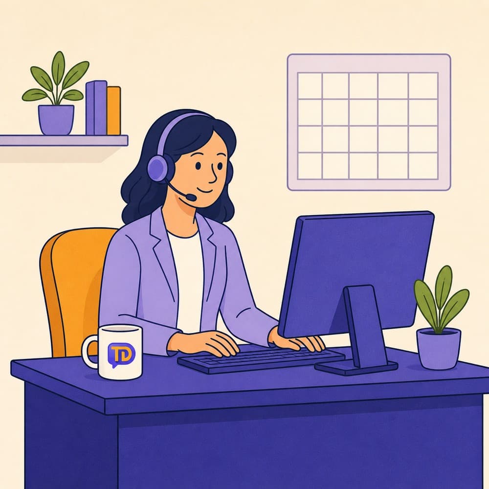 Flat illustration of a support worker with a headset at an office desk beside a blank wall calendar