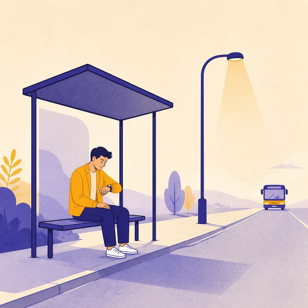 Flat illustration of a person waiting alone at a bus stop and checking their watch
