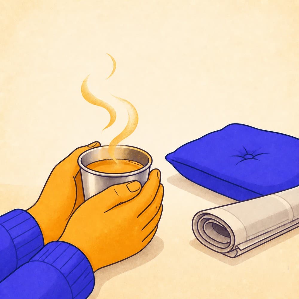 Flat illustration of hands holding a steel tumbler of hot tea with steam rising