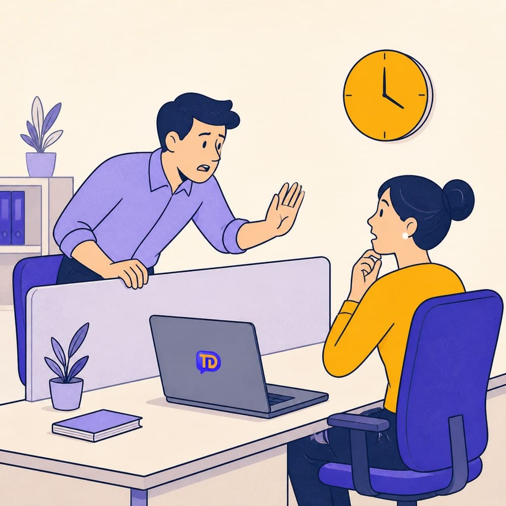Flat illustration of a colleague at a desk asking a nearby coworker for urgent help