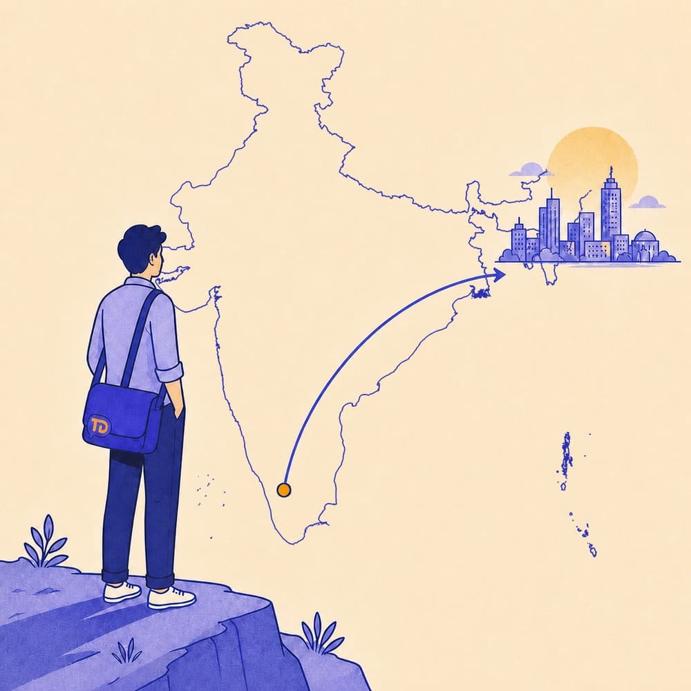 Flat illustration of a traveller beside a simple map with a line linking a hometown to a distant city
