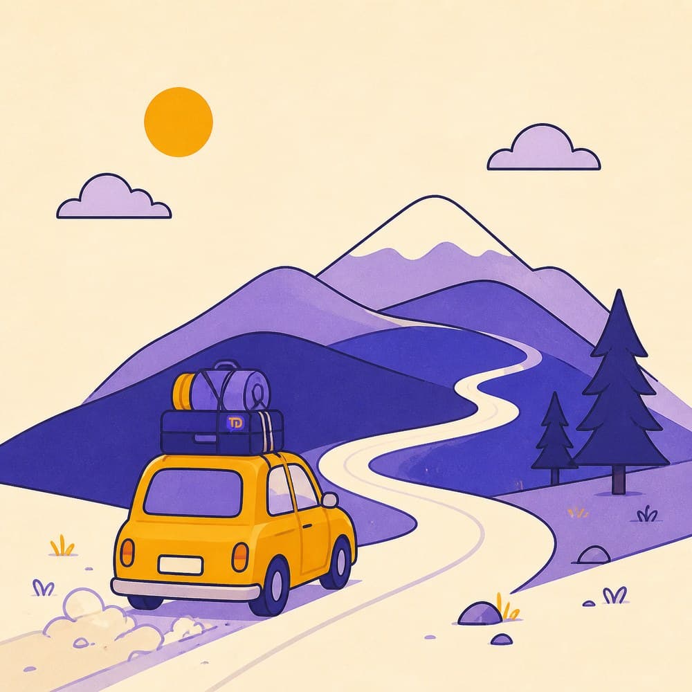 Flat illustration of a car travelling up a winding mountain road towards snow topped hills