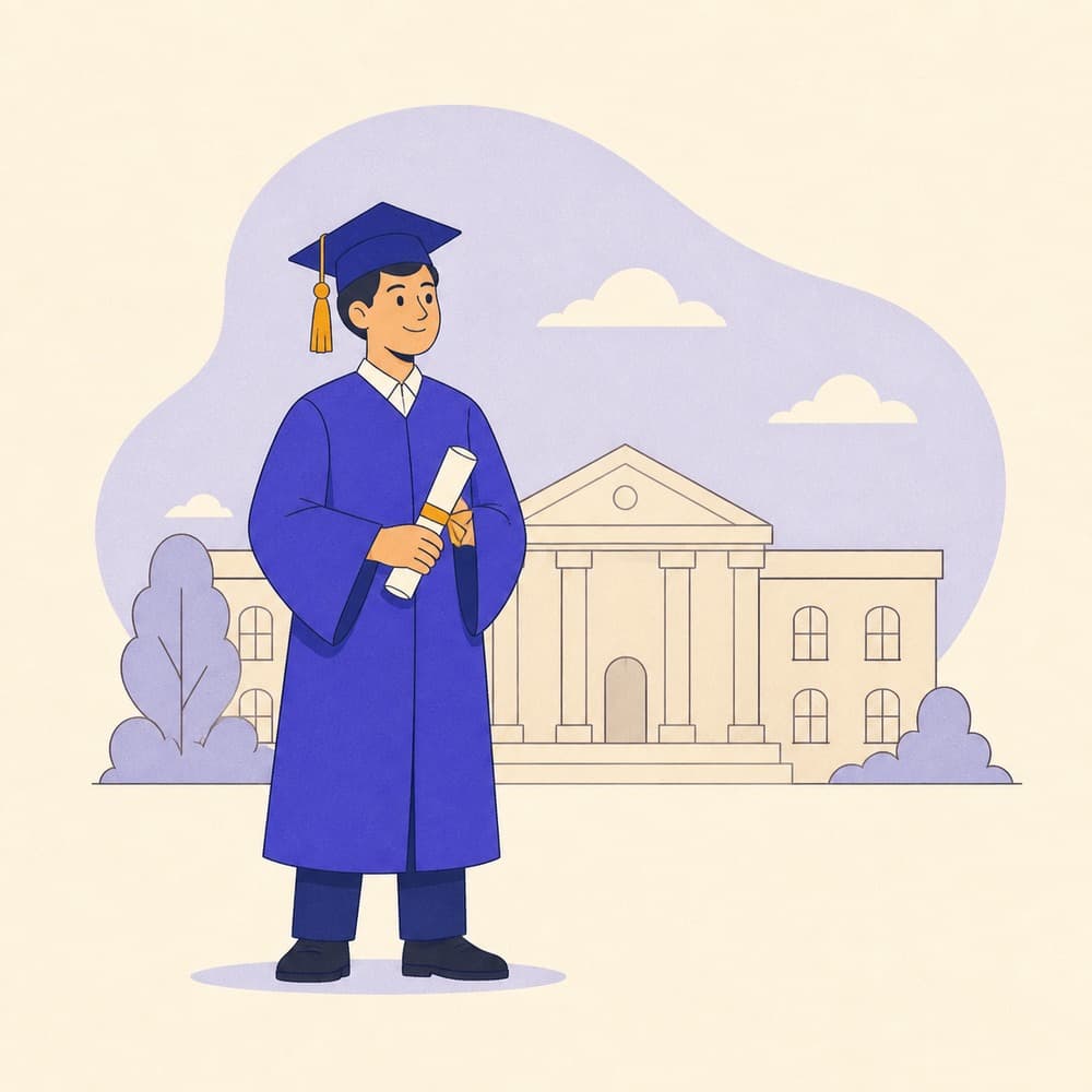 Flat illustration of a graduate holding a rolled certificate outside a college building