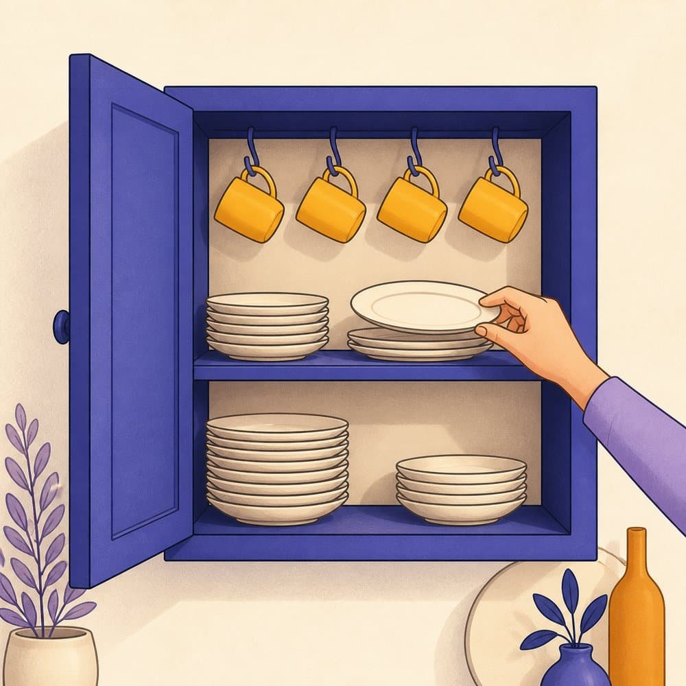 Illustration of an open kitchen cupboard with stacked plates and hanging mugs, and a hand reaching in for a plate.