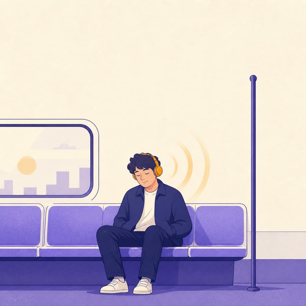 Illustration of a commuter on a metro bench wearing headphones with eyes closed as soft sound arcs drift towards one ear.