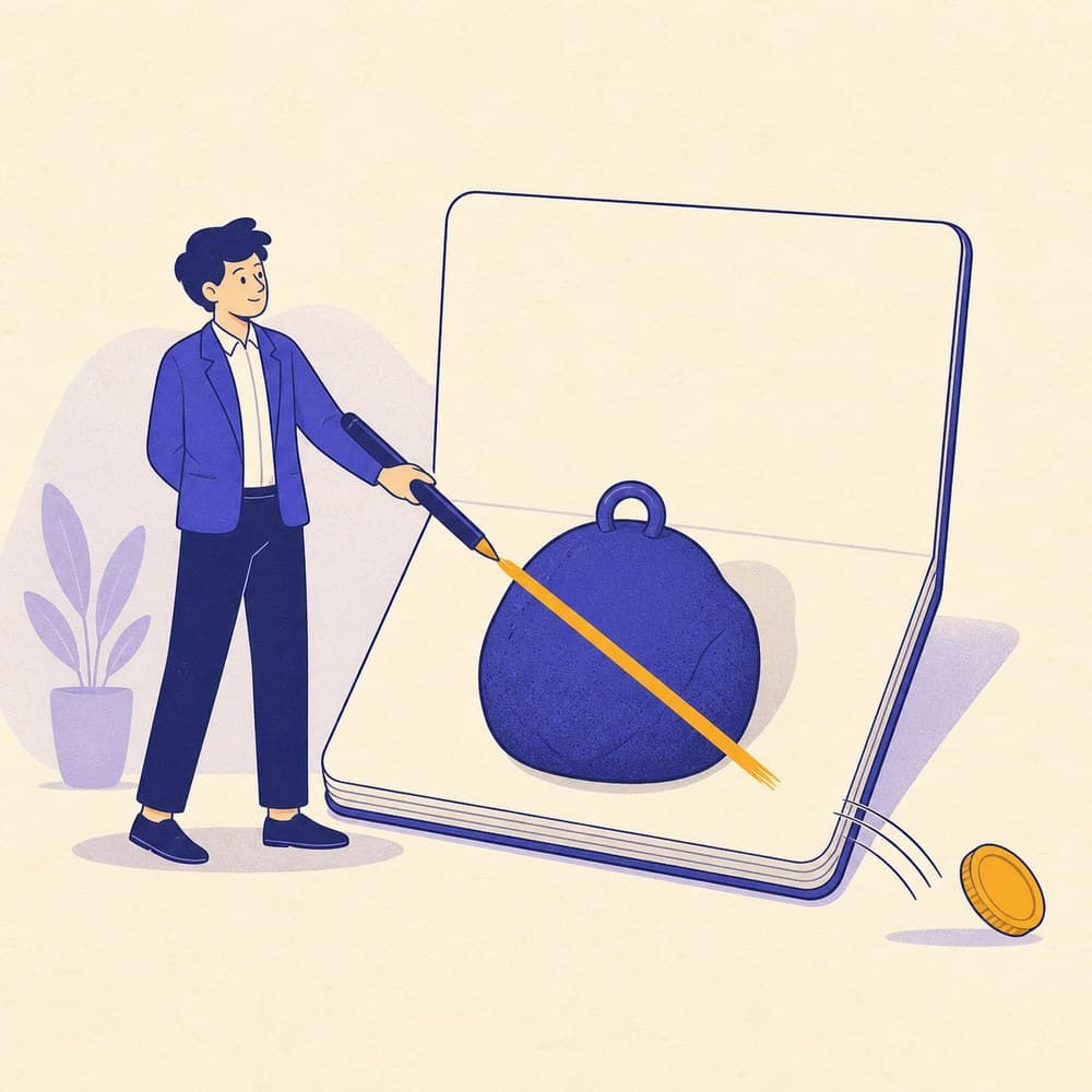 Illustration of a young professional clearing a large symbolic debt beside an oversized bank passbook, with a coin rolling away.