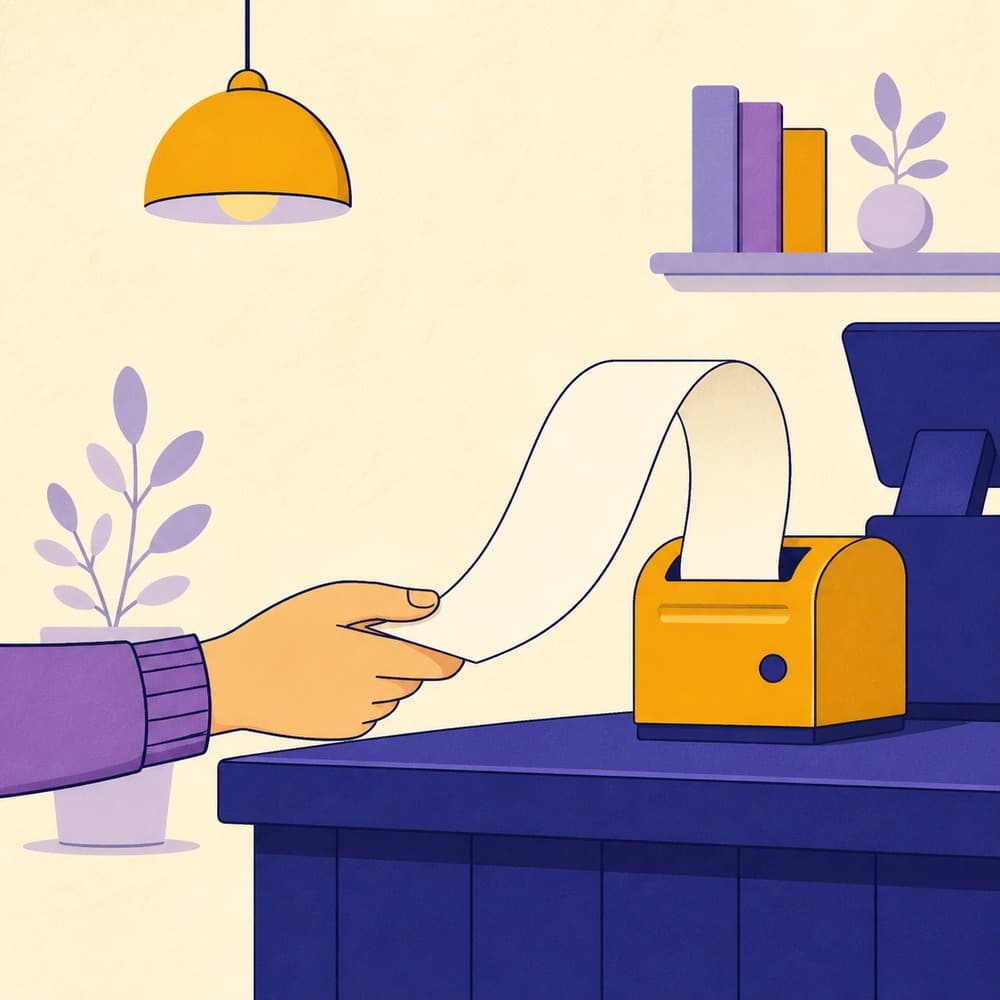 Illustration of a hand taking a long blank paper slip from a small counter printer at a shop.