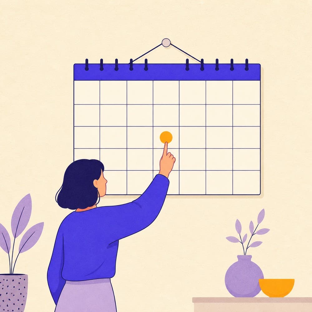 Illustration of a blank wall calendar grid with one midweek square marked by an amber circle and a hand reaching towards it.