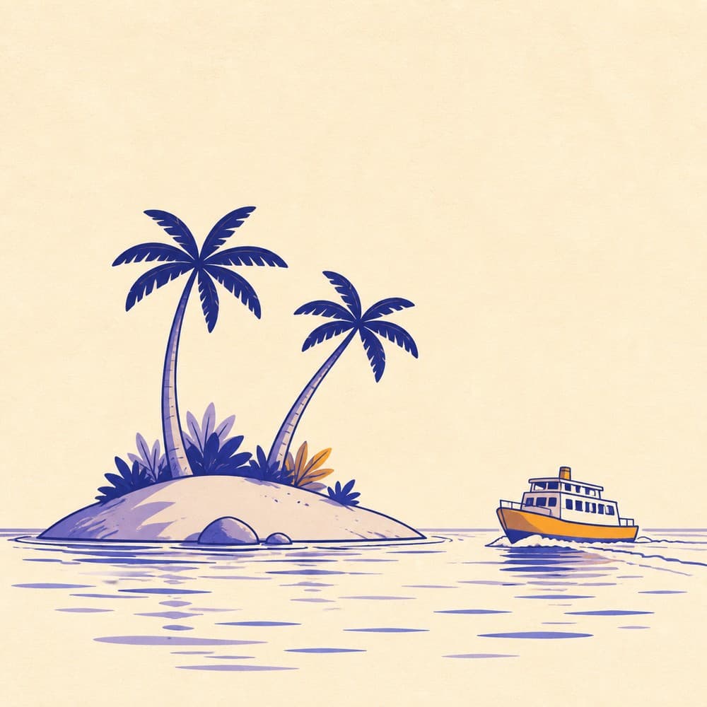 Illustration of a small round island with two palm trees and a tiny ferry approaching across calm water.