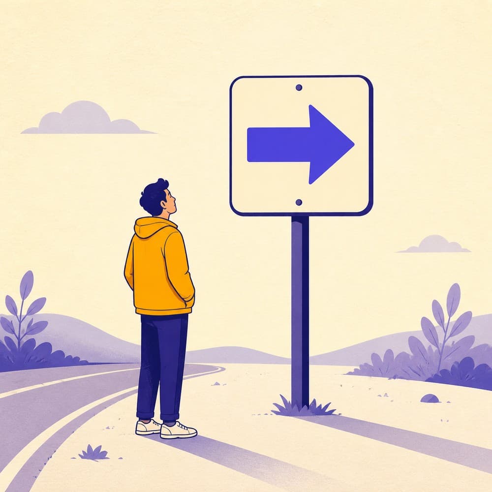 Illustration of a person pausing beside a roadside signboard that shows only an arrow and no words.