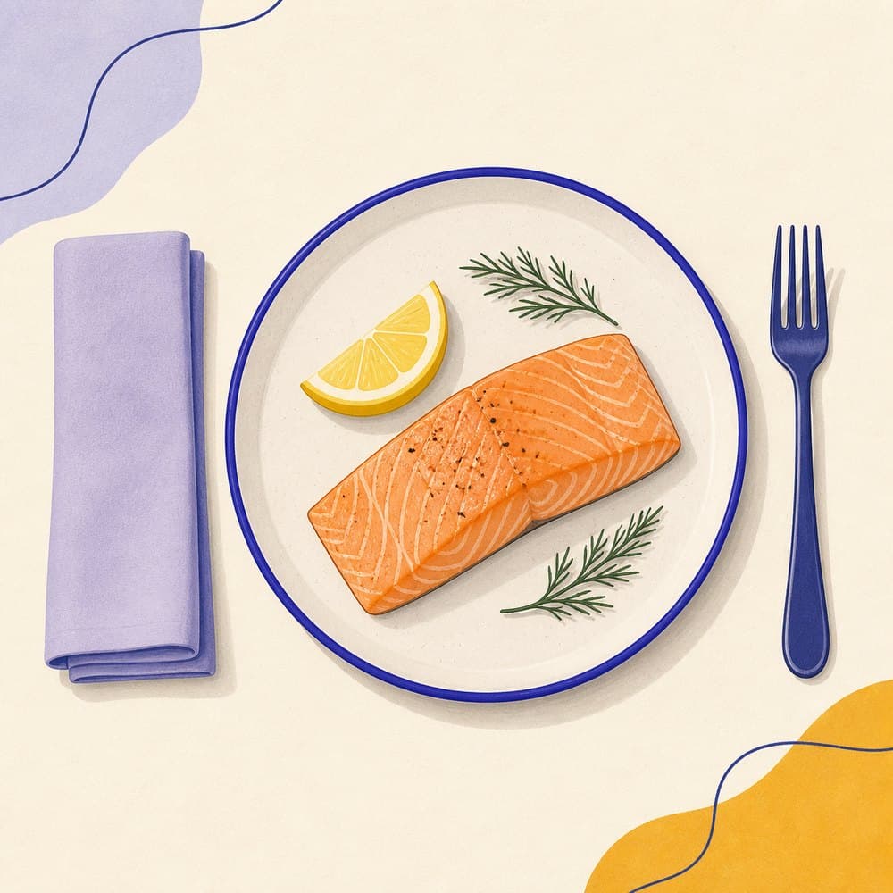 Illustration of a restaurant plate viewed from above holding a pink fish fillet, a lemon wedge and herbs beside a folded napkin.