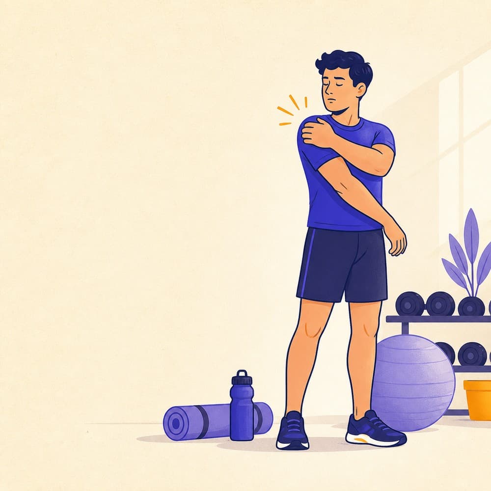 Illustration of a person at a gym holding their shoulder after a strain, with a rolled mat and water bottle nearby.