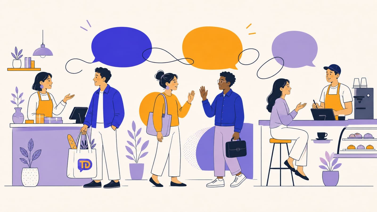 People using English while shopping, greeting a colleague, and ordering at a cafe, with a small TalkDrill logo on a shopping bag.