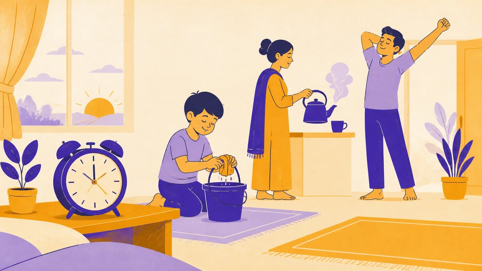Illustration opening the chapter Home and Daily Routine: The English you need most is the English you live with every morning - the alarm, the bucket, the kettle and the people around you.