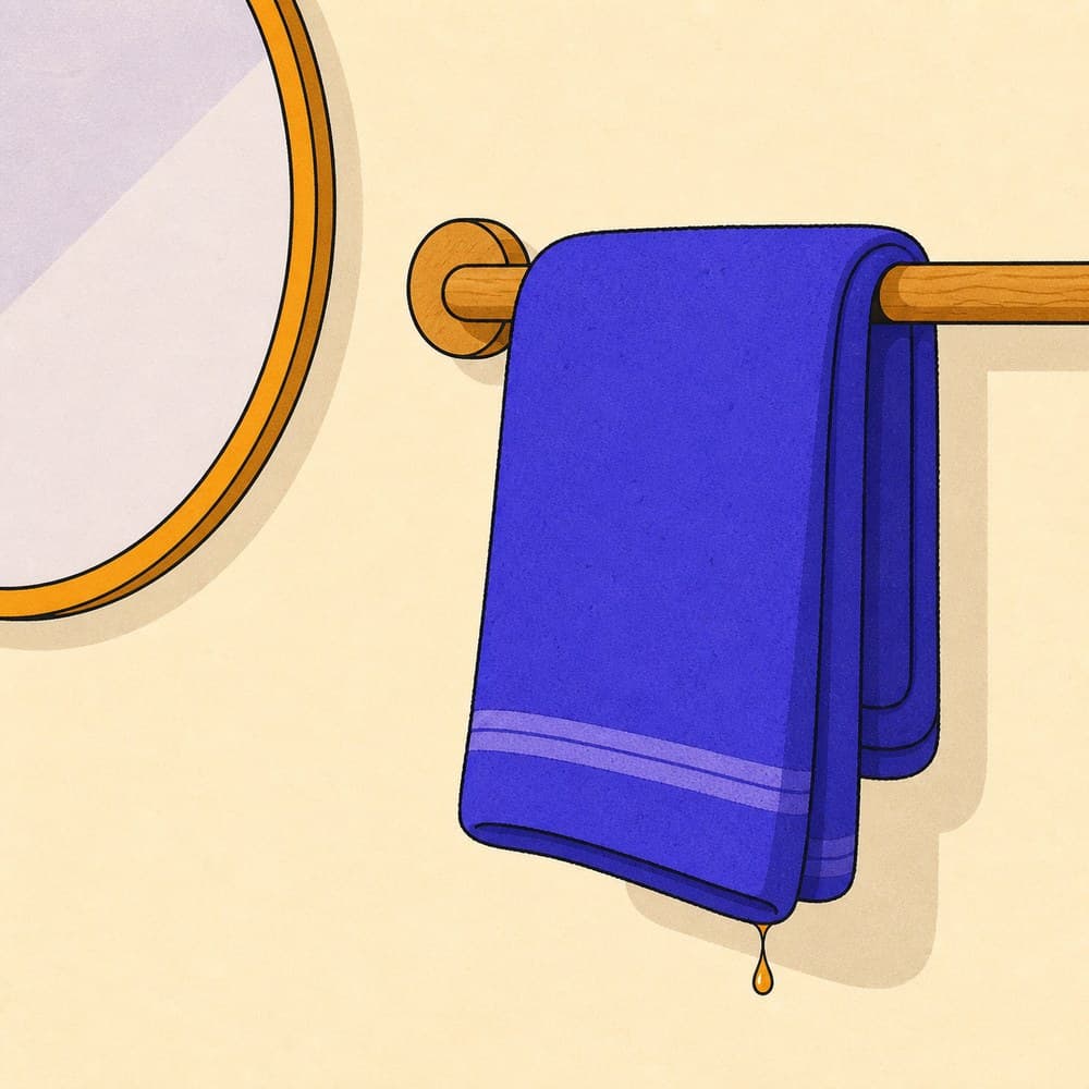 A folded towel hanging on a rail beside a bathroom mirror.