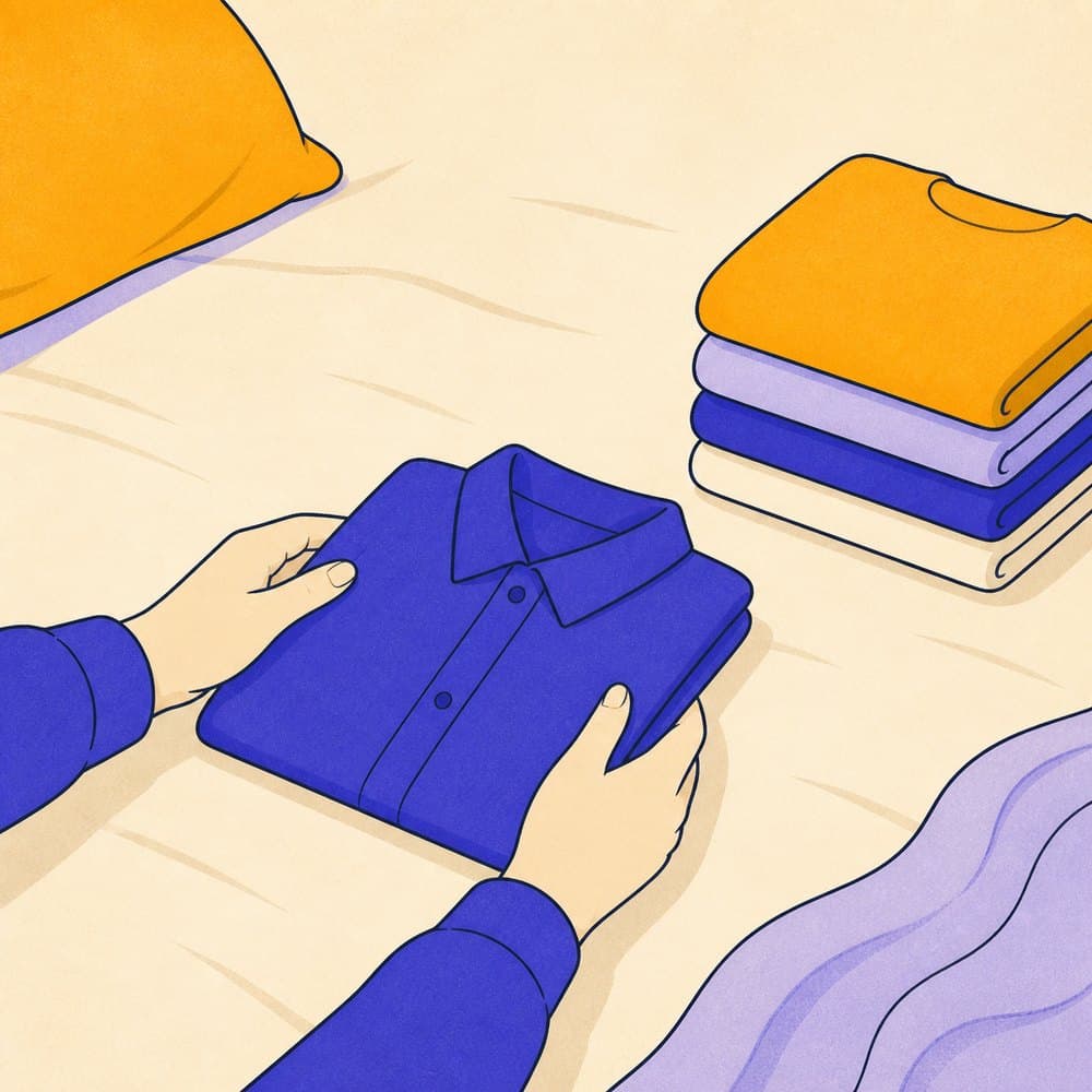 Two hands folding a shirt on a bed next to a stack of folded clothes.