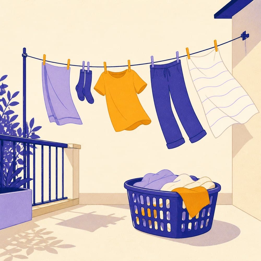 Washed clothes drying on a balcony line above a basket of wet laundry.