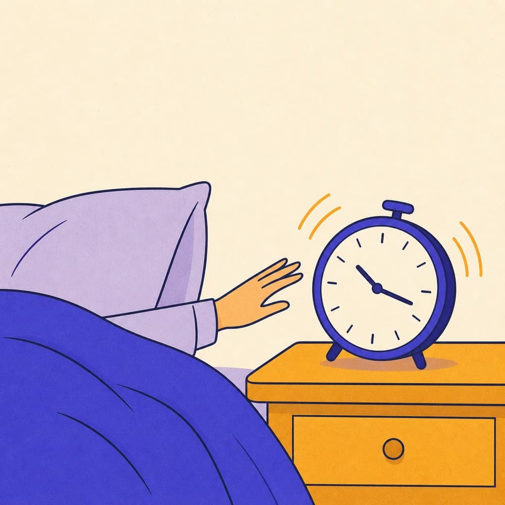 A bedside alarm clock ringing next to a pillow while a hand reaches out from under a blanket.