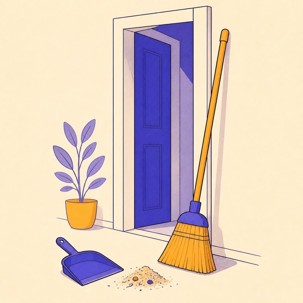 A long-handled broom leaning by a door with swept dirt collected next to a dustpan.
