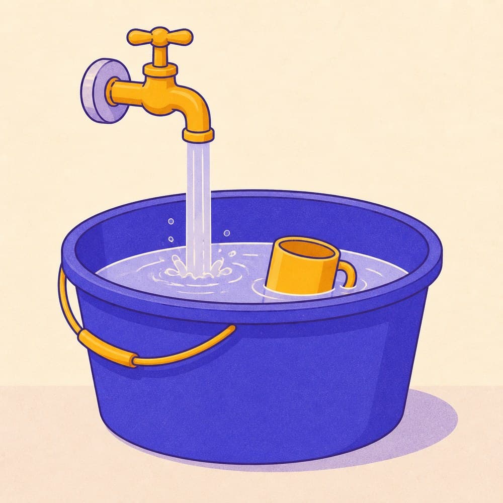 A bucket filling with water under a running tap, with a mug floating inside.