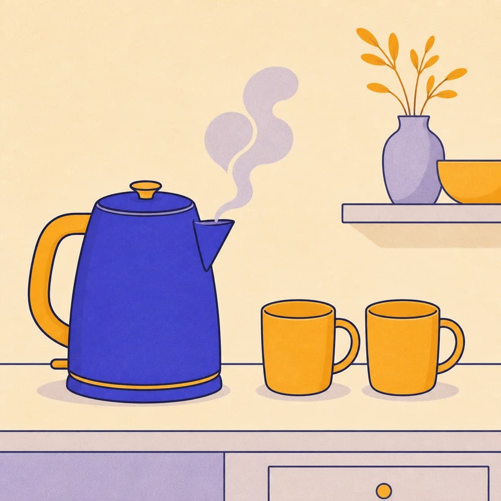 An electric kettle steaming on a kitchen counter next to two empty cups.