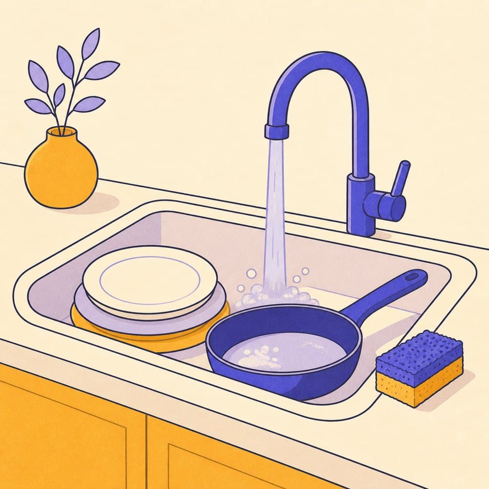 A kitchen sink with stacked plates and a pan under a running tap, a scrubber on the edge.