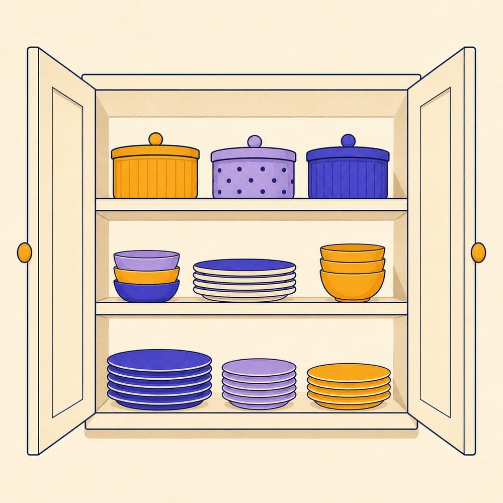 An open kitchen cupboard with three shelves of containers and neatly stacked plates.