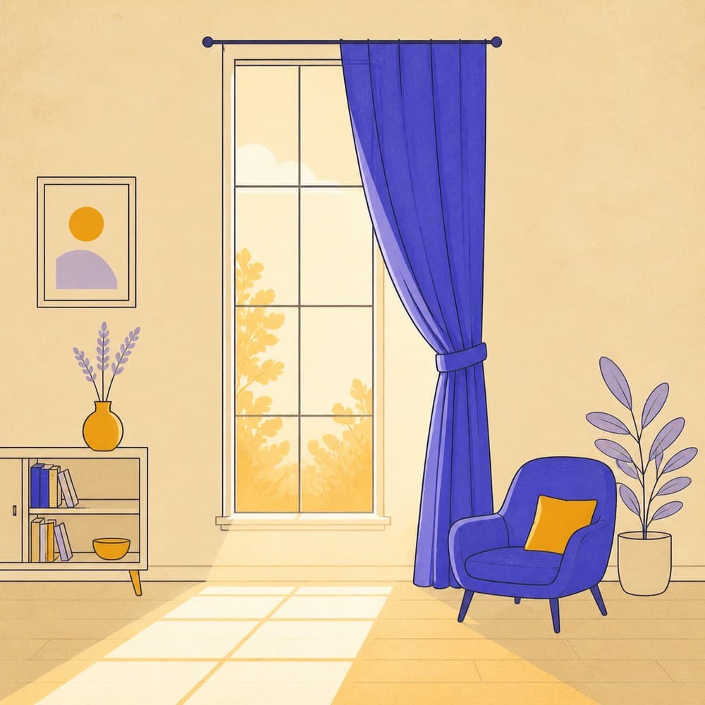 A window with one curtain pulled back, letting morning light fall across the floor.