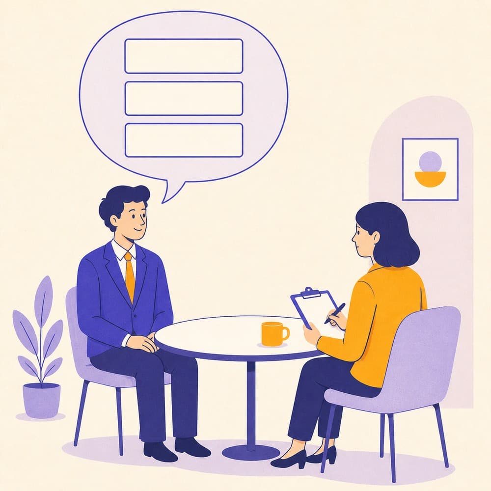Illustration of a candidate seated opposite an interviewer, with a speech bubble containing three tidy stacked blocks that represent a structured self introduction.
