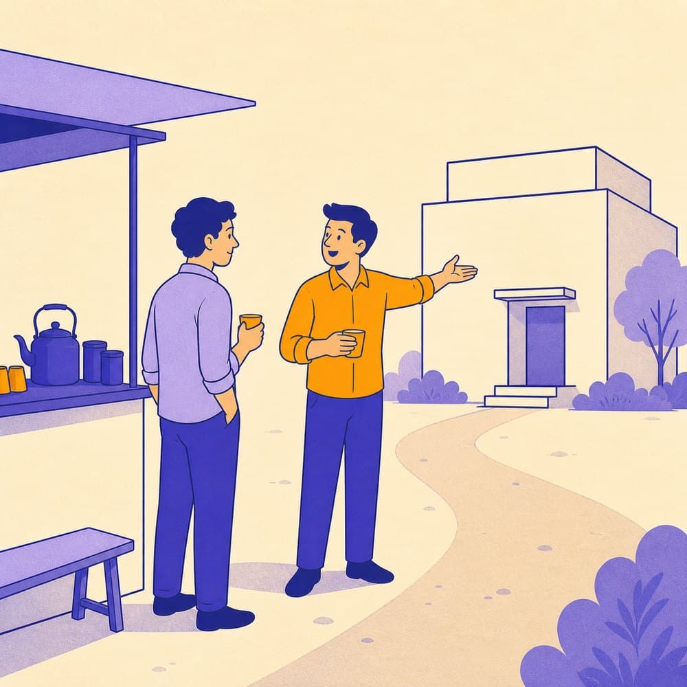 Illustration of two colleagues talking over chai at a roadside stall while one gestures towards an office building, representing hearing about a job through a referral.