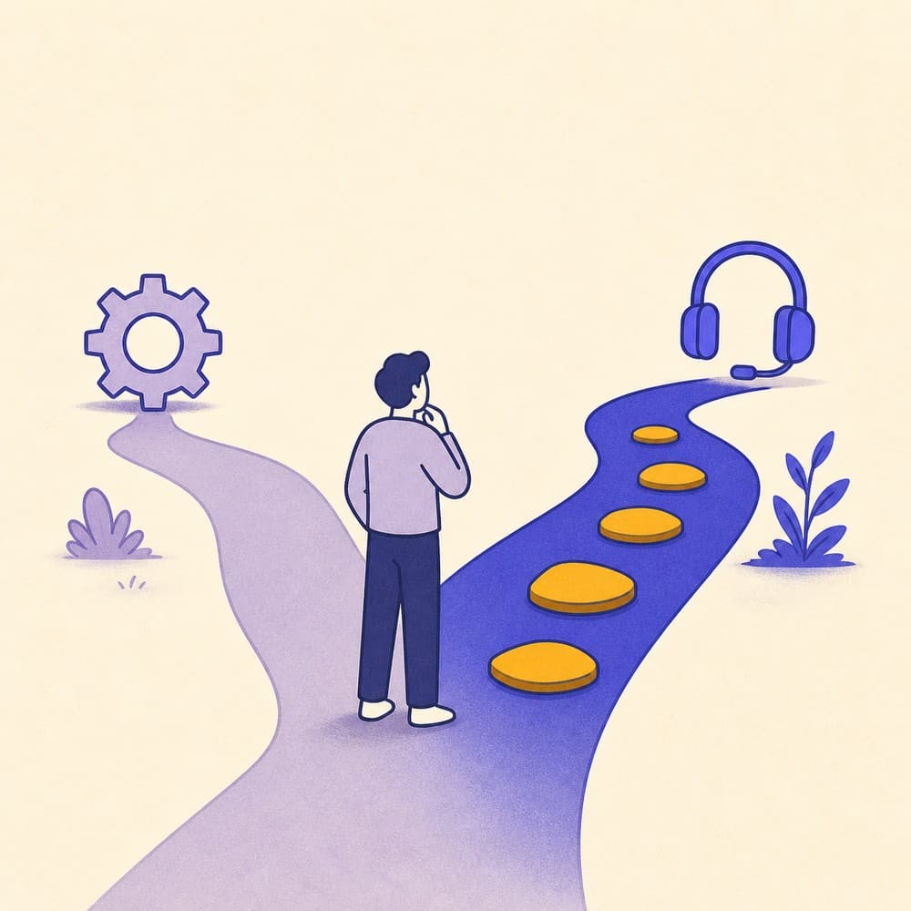 Illustration of a person at a fork in a path, leaving an old route marked by a gear for a new one marked by a headset, with stepping stones already placed on the new path.