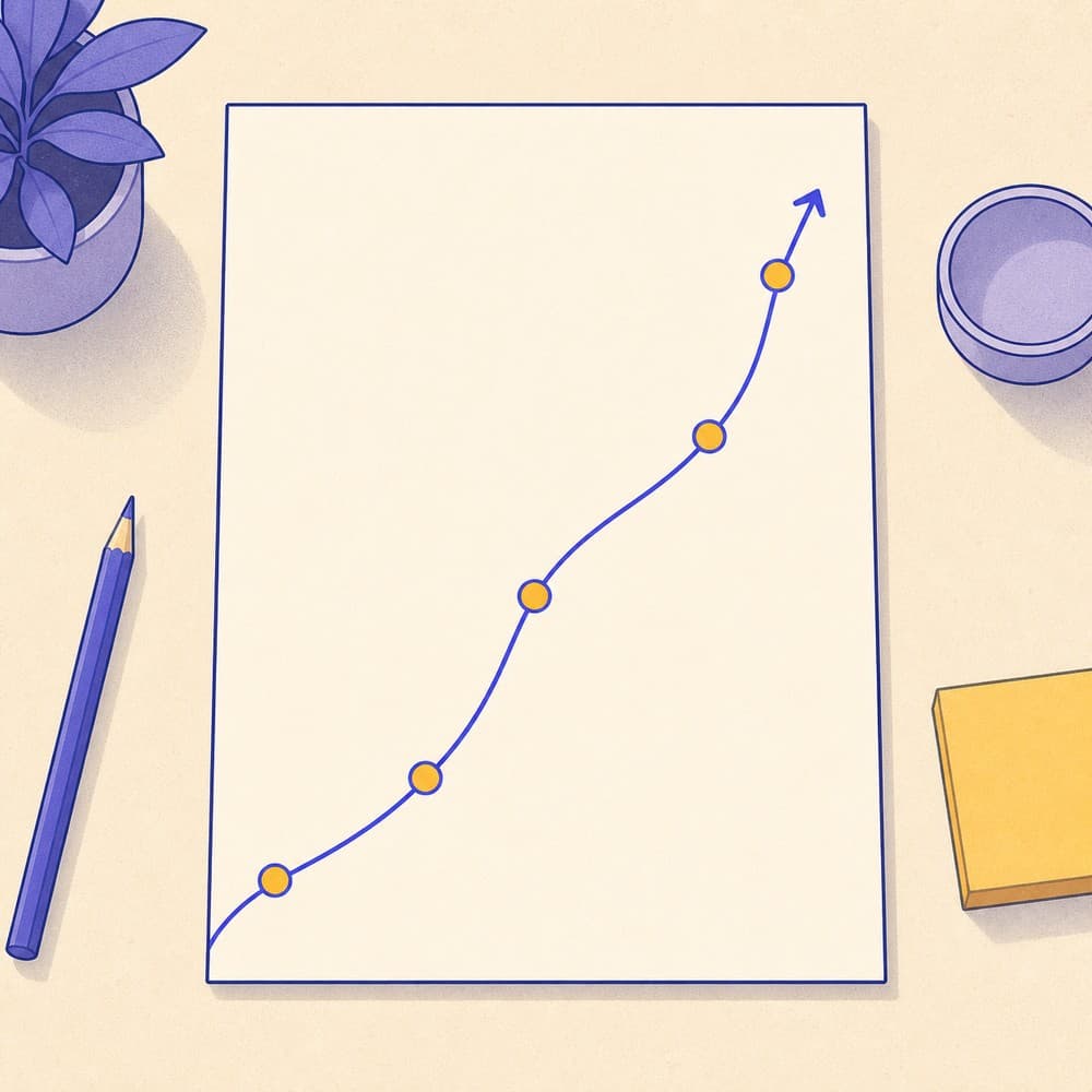 Illustration of a resume page with a curving path drawn across it and small marked stops, showing a career as a journey rather than a list.
