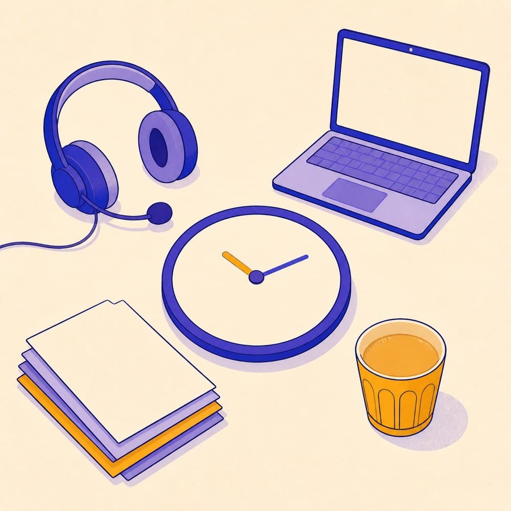 Illustration of a plain clock face surrounded by a headset, a laptop, files and a chai cup, representing the shape of a typical working day.