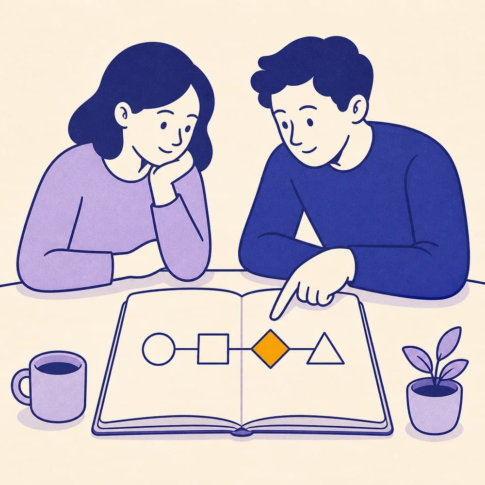 Illustration of two people looking at a notebook diagram while one hand points at a single connected shape, showing a candidate identifying their own part in a project.
